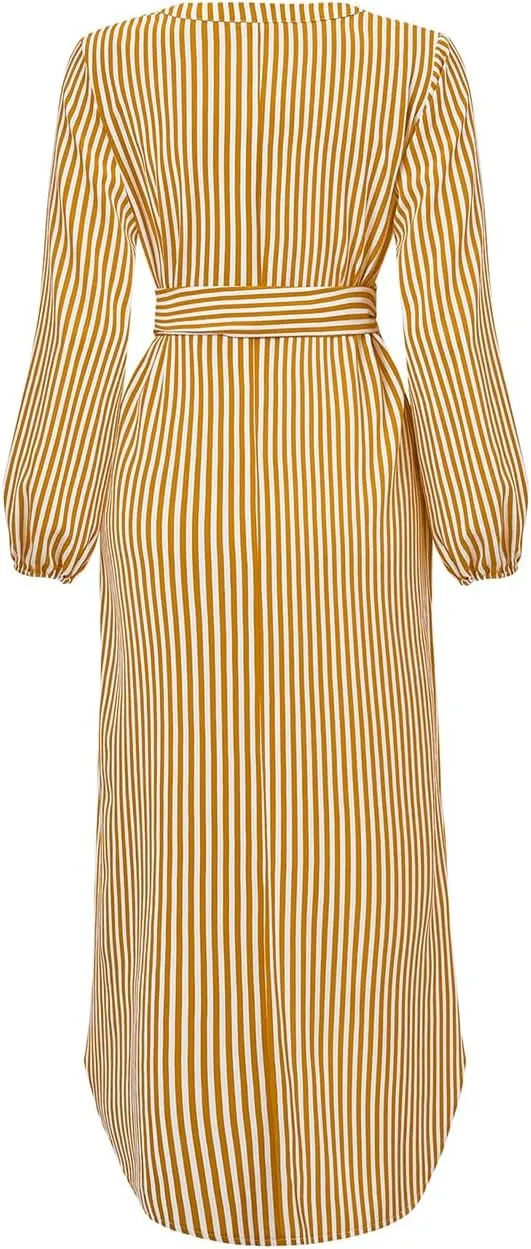 Ckikiou Long Sleeve Striped Business Casual Dress for Women V Neck Belted Tie Waist Elegant Work Long Shirt Dresses