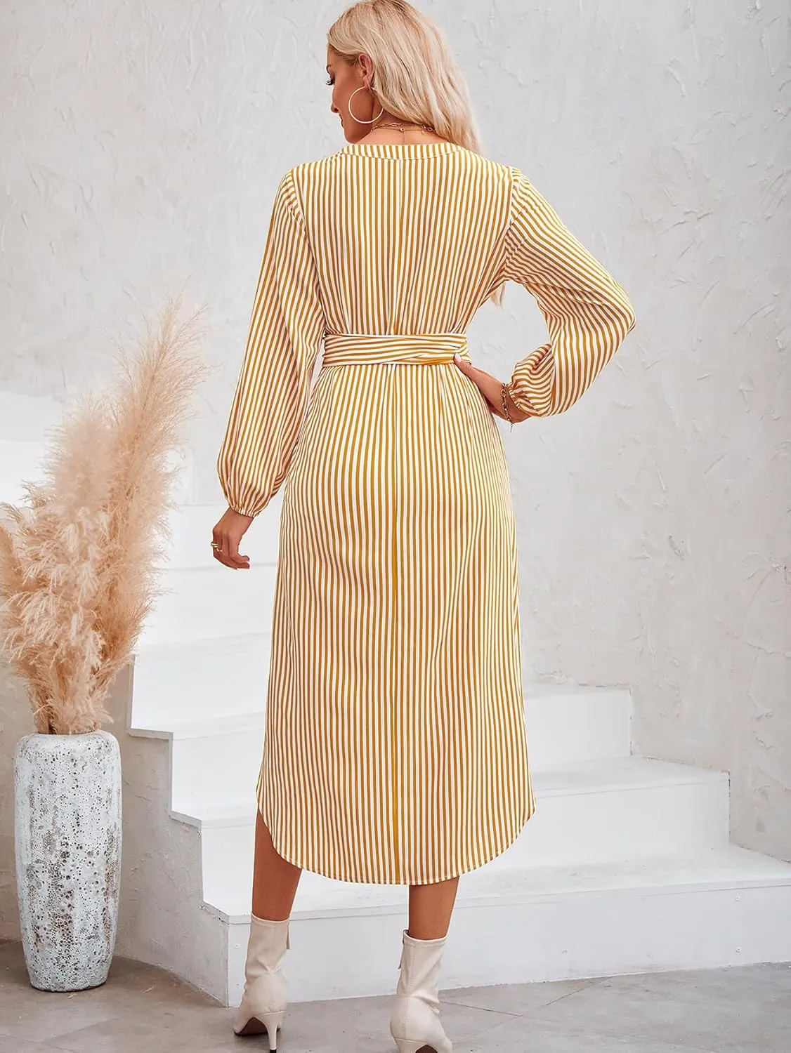 Ckikiou Long Sleeve Striped Business Casual Dress for Women V Neck Belted Tie Waist Elegant Work Long Shirt Dresses
