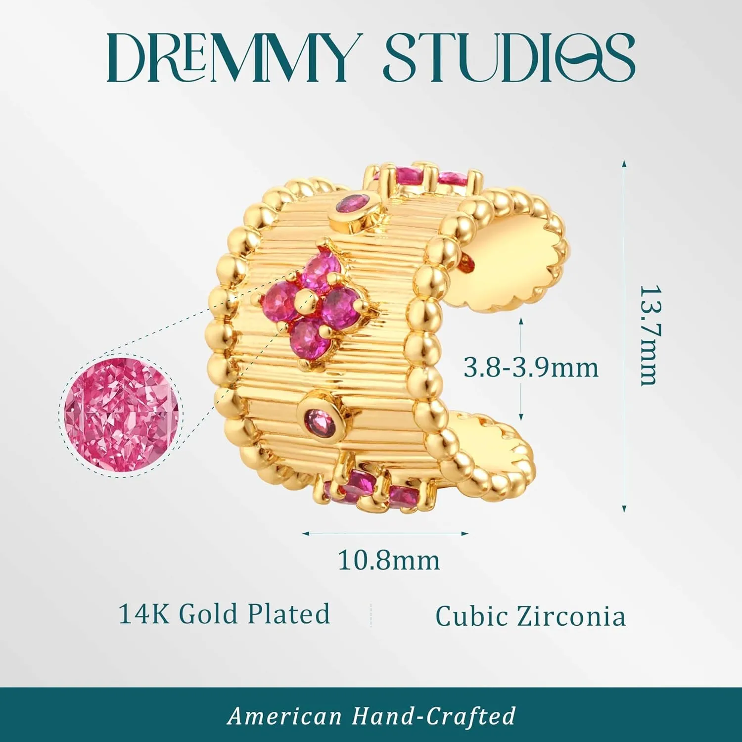 DREMMY STUDIOS Women Ear Cuff Non Piercing | 14K Gold Plated Cubic Zirconia Fake Earrings Wrap Clip on Cartilage Earring | Lightweight Hypoallergenic Jewelry SINGLE EAR CUFF