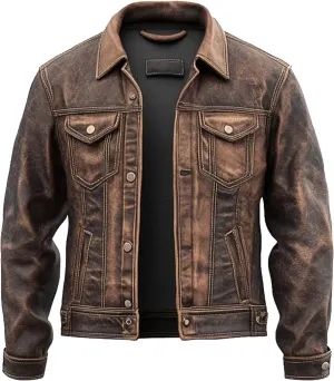 H&D Clothing Men's Distressed Brown Leather Trucker Jacket Western Motorcycle Denim Style Real Lambskin Leather Jacket
