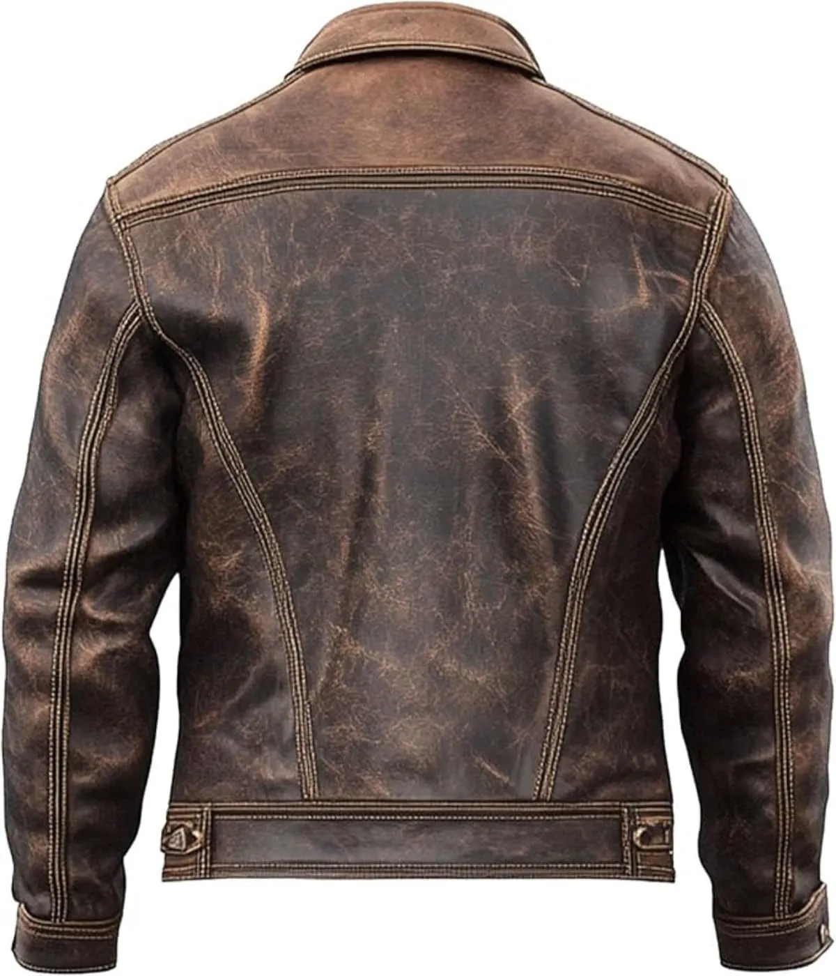 H&D Clothing Men's Distressed Brown Leather Trucker Jacket Western Motorcycle Denim Style Real Lambskin Leather Jacket