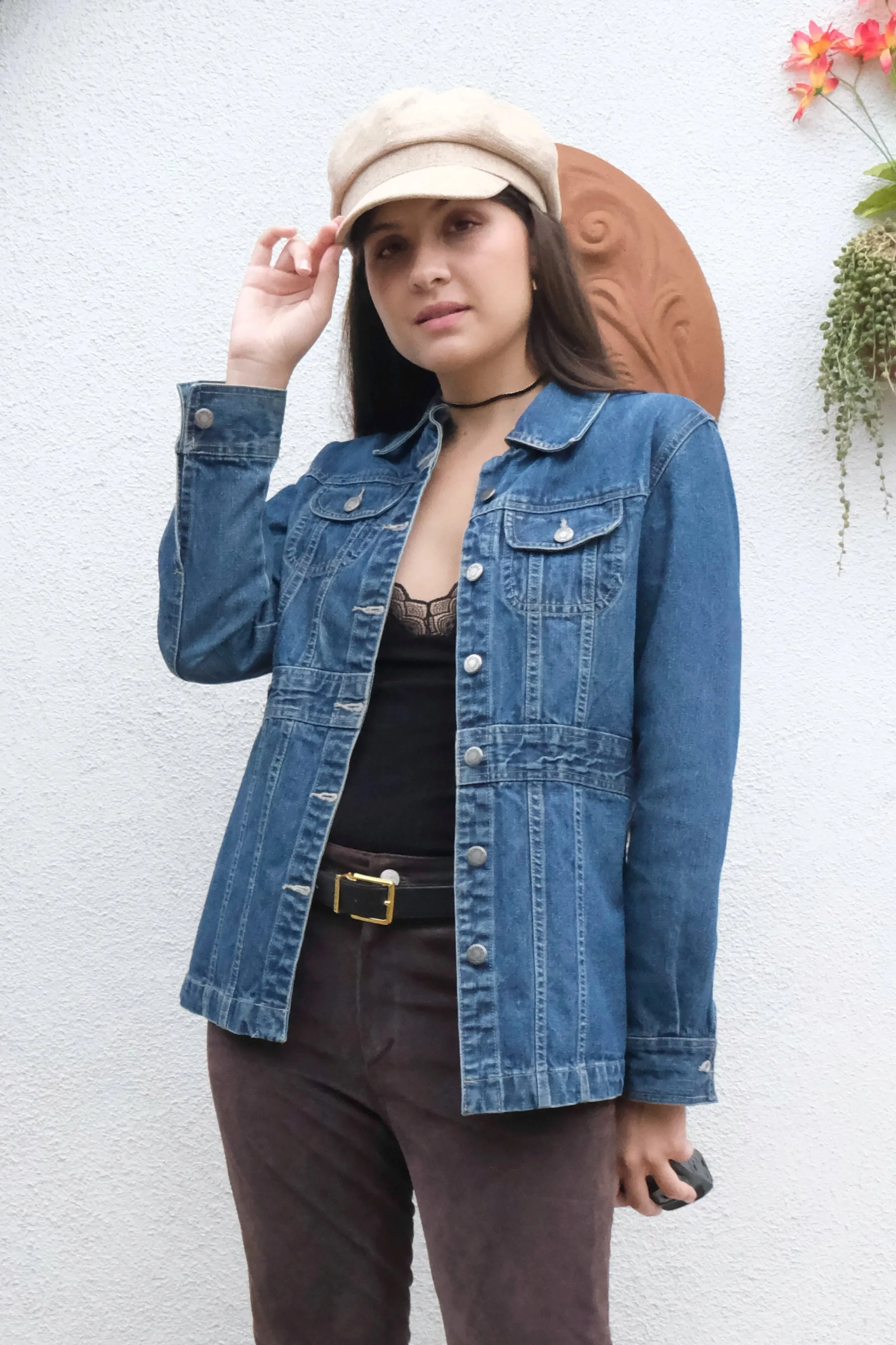 Havana Jacks Denim Jacket US 4/6, 90's Longline Fitted Waistline Medium Blue Wash