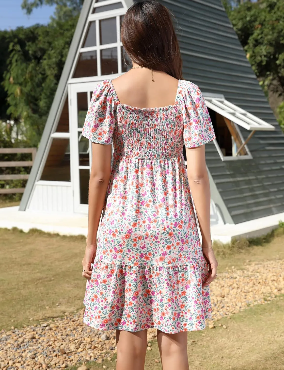 KOJOOIN Women's Maternity Square Neck Short Sleeve Summer Dress Smocked Boho Ruffle Casual Midi Dress Baby Shower Photoshoot
