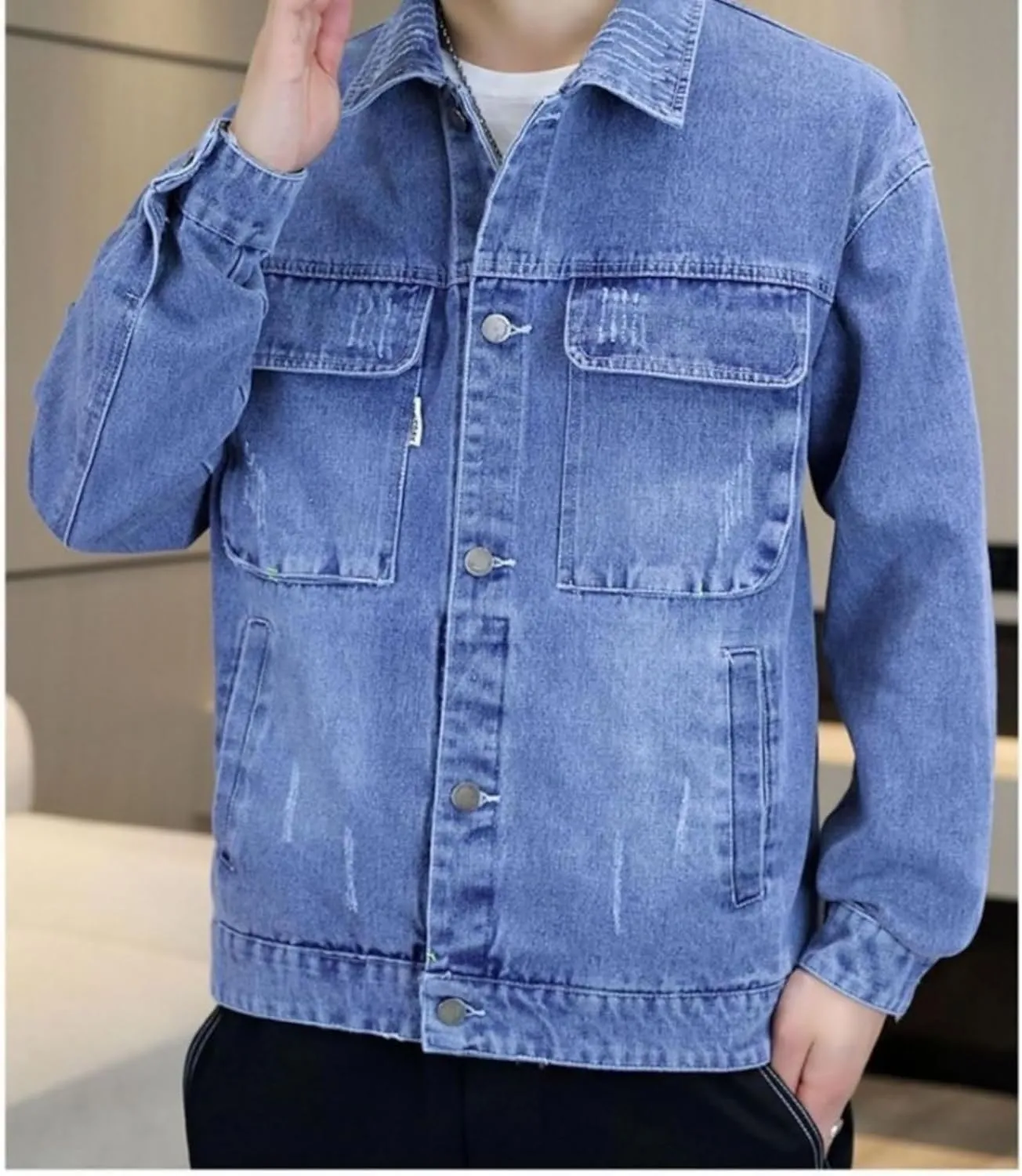 Mens Classic Lapel Jean Jacket Casual Slim Fit Trucker Cowboy Coat Pocket Front Casual Men Denim Jackets