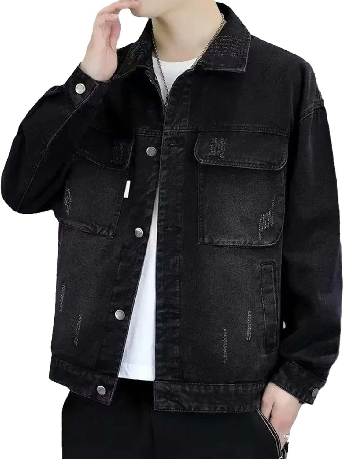 Mens Classic Lapel Jean Jacket Casual Slim Fit Trucker Cowboy Coat Pocket Front Casual Men Denim Jackets