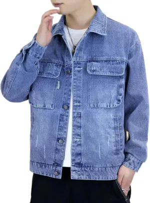 Mens Classic Lapel Jean Jacket Casual Slim Fit Trucker Cowboy Coat Pocket Front Casual Men Denim Jackets