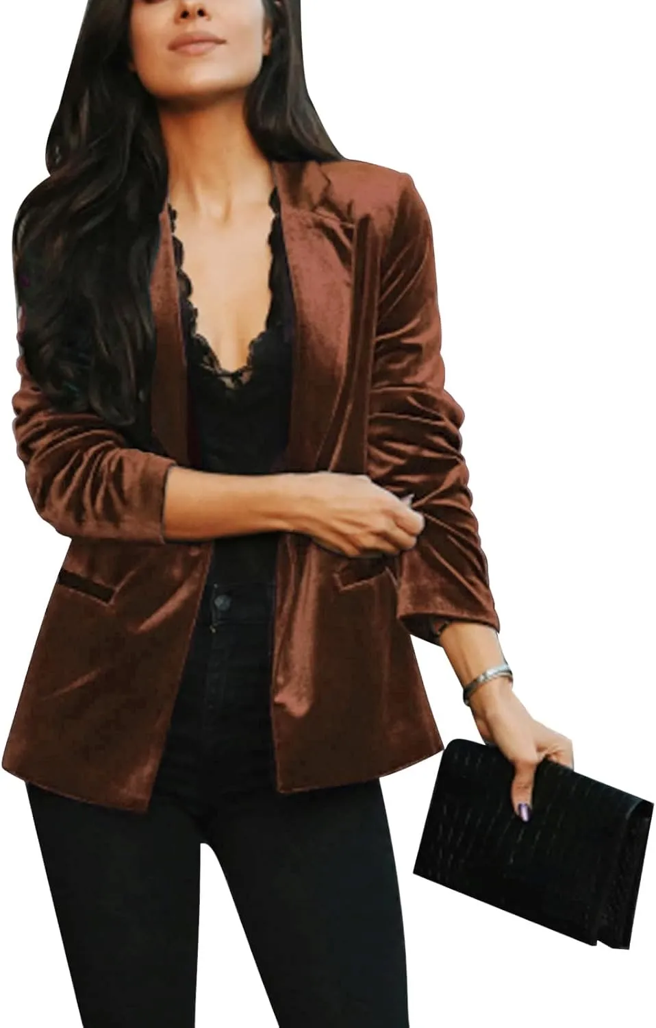 MINTLIMIT Velvet Jackets Blazer Suit for Women Notched Lapel Button Classic Casual Long Sleeve Jacket Suits Blazer with Pockets,L,01 Brown