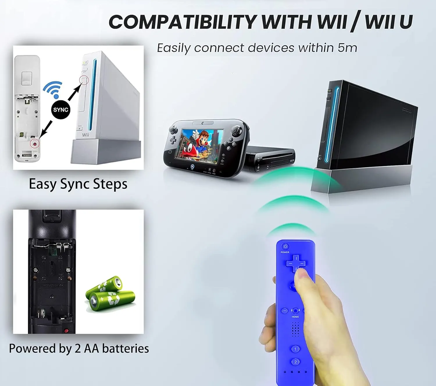 PGYFDAL 2 Packs Classic Remote Controller Compatible for Wii Wii U Console, Gamepad with Soft Silicone Sleeve and Wrist Strap (Red and Dark Blue)