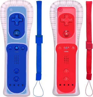 PGYFDAL 2 Packs Classic Remote Controller Compatible for Wii Wii U Console, Gamepad with Soft Silicone Sleeve and Wrist Strap (Red and Dark Blue)