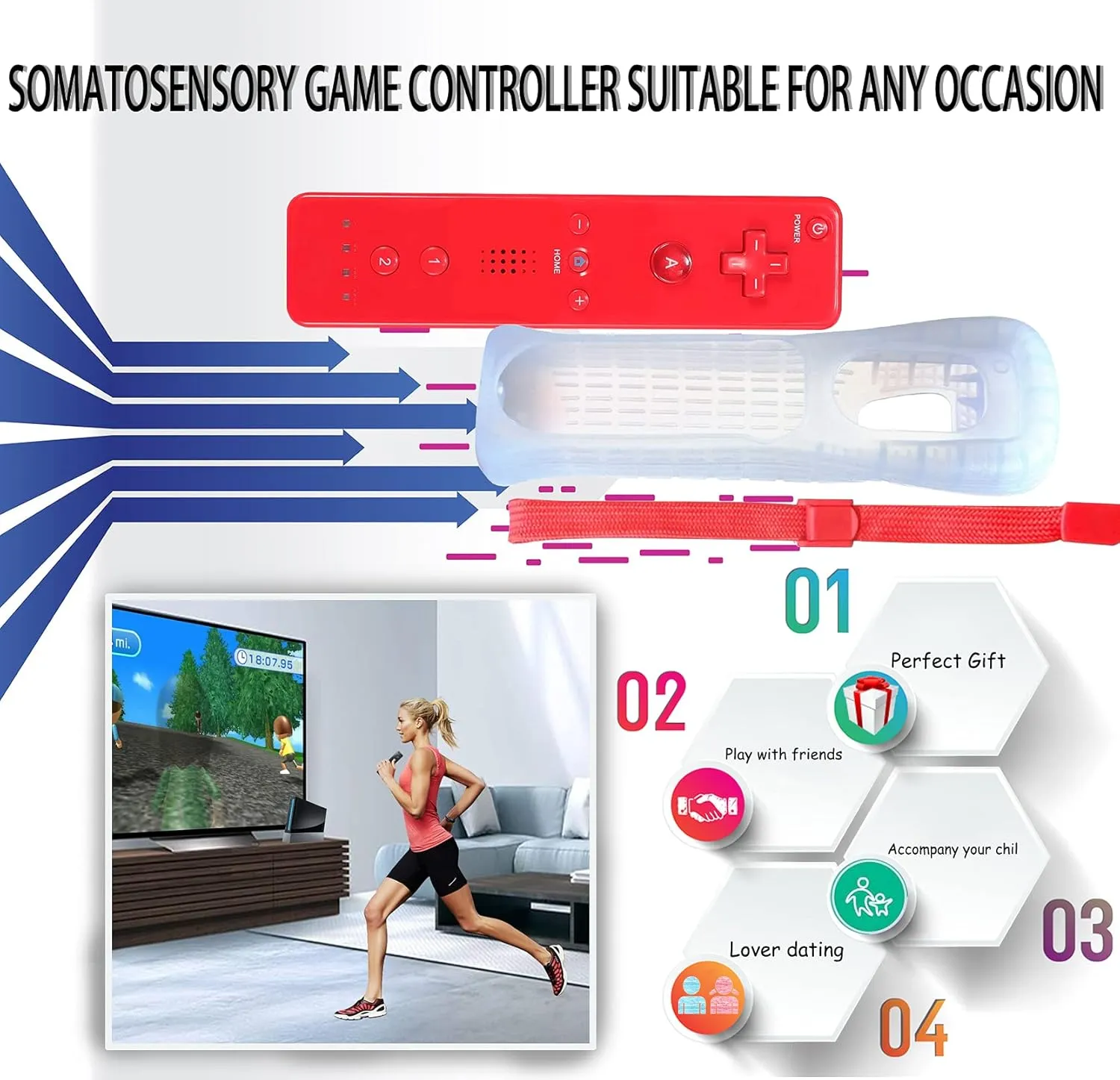PGYFDAL 2 Packs Classic Remote Controller Compatible for Wii Wii U Console, Gamepad with Soft Silicone Sleeve and Wrist Strap (Red and Dark Blue)