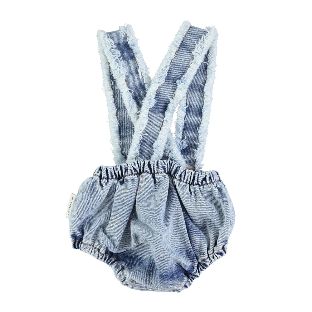 PIUPIUCHICK WASHED LIGHT BLUE DENIM BABY BLOOMERS WITH STRAPS