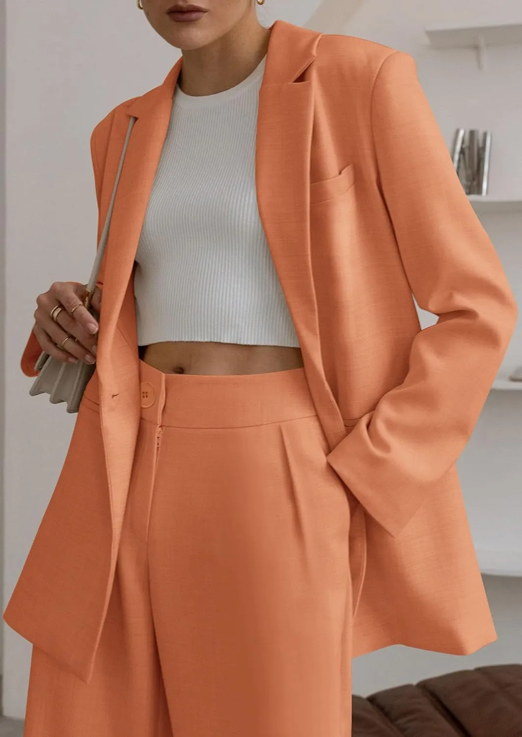 PRETTYGARDEN Women's Fall Two Piece Outfits Dressy Blazer Jacket and Wide Leg Pants Pockets Business Casual Office Suit Sets
