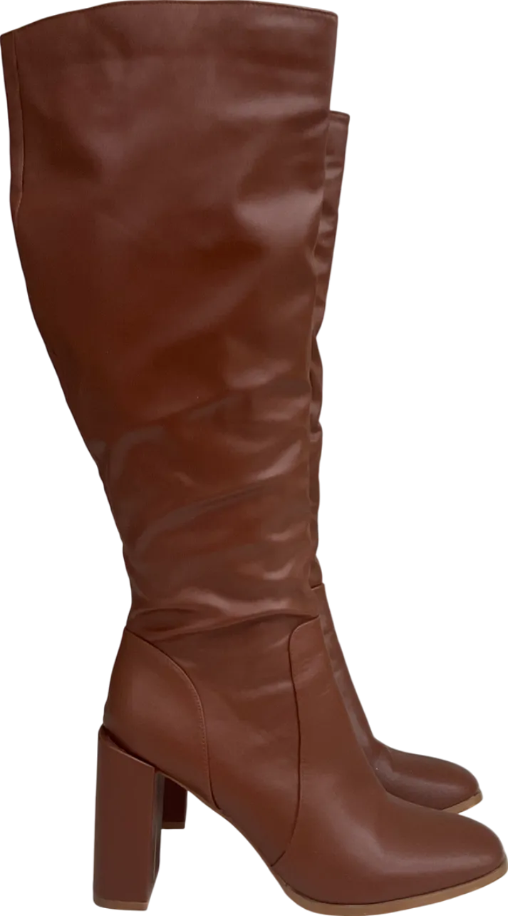 PrettyLittleThing Brown Round Toe Ruched Over The Knee Block Heeled Boots UK 7 EU 40 👠
