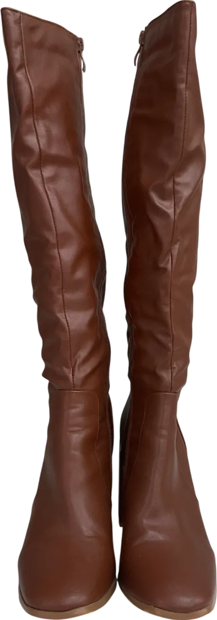 PrettyLittleThing Brown Round Toe Ruched Over The Knee Block Heeled Boots UK 7 EU 40 👠