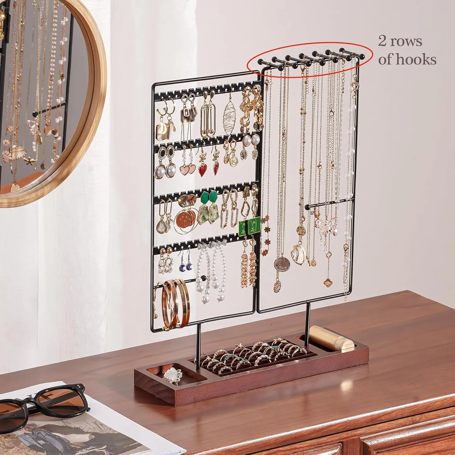 ProCase Jewelry Organizer Stand Earring Holder Organizer, 6 Tiers Earring Organizer Tree Necklace Rack Jewellery Tower Bracelets Holder Storage with Removable Wooden Ring Tray for Women Girls -Black