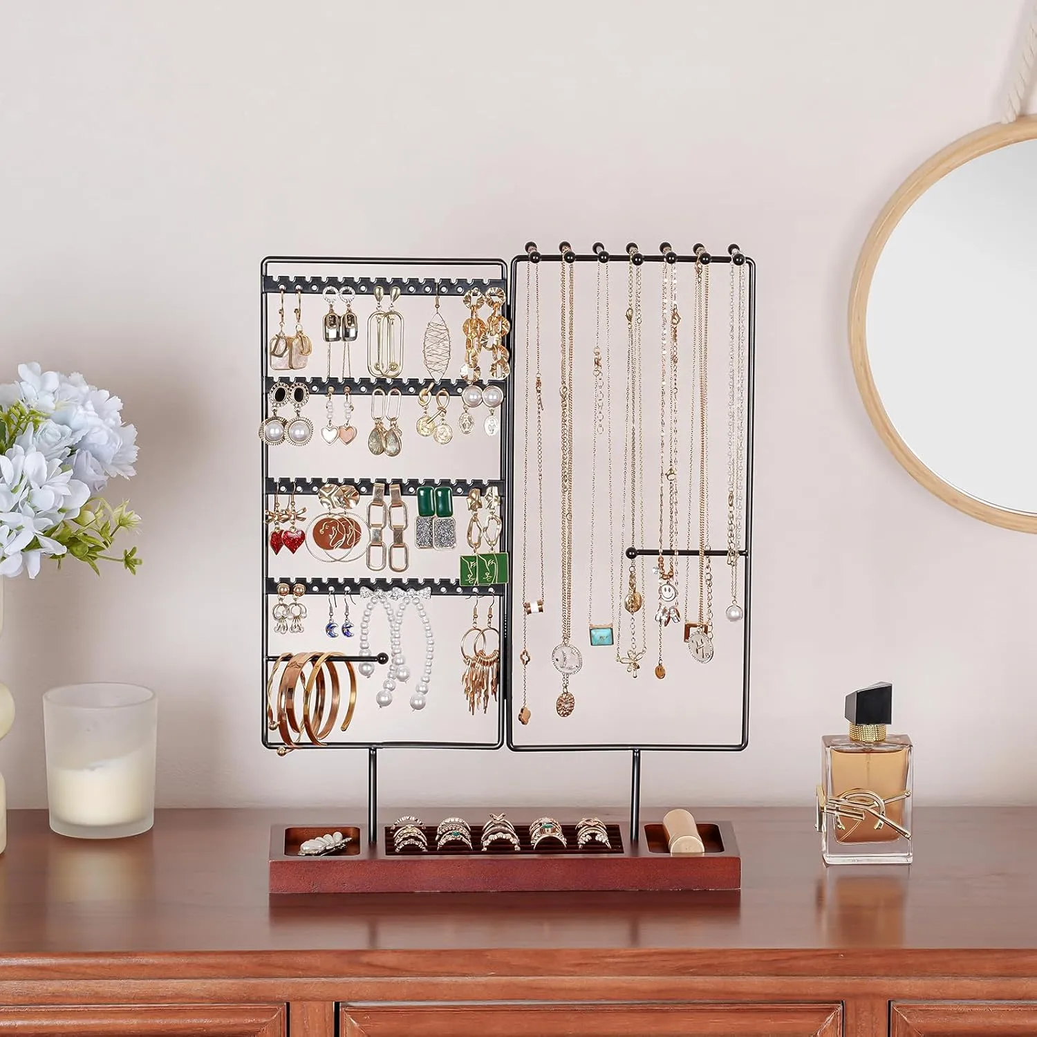 ProCase Jewelry Organizer Stand Earring Holder Organizer, 6 Tiers Earring Organizer Tree Necklace Rack Jewellery Tower Bracelets Holder Storage with Removable Wooden Ring Tray for Women Girls -Black