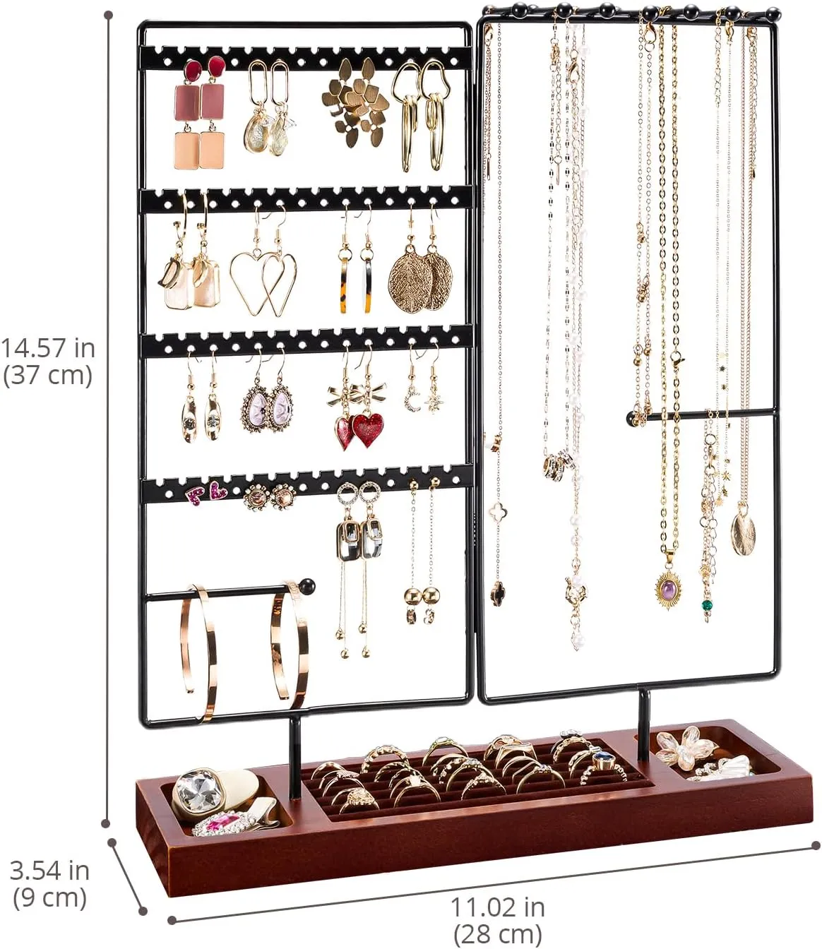 ProCase Jewelry Organizer Stand Earring Holder Organizer, 6 Tiers Earring Organizer Tree Necklace Rack Jewellery Tower Bracelets Holder Storage with Removable Wooden Ring Tray for Women Girls -Black