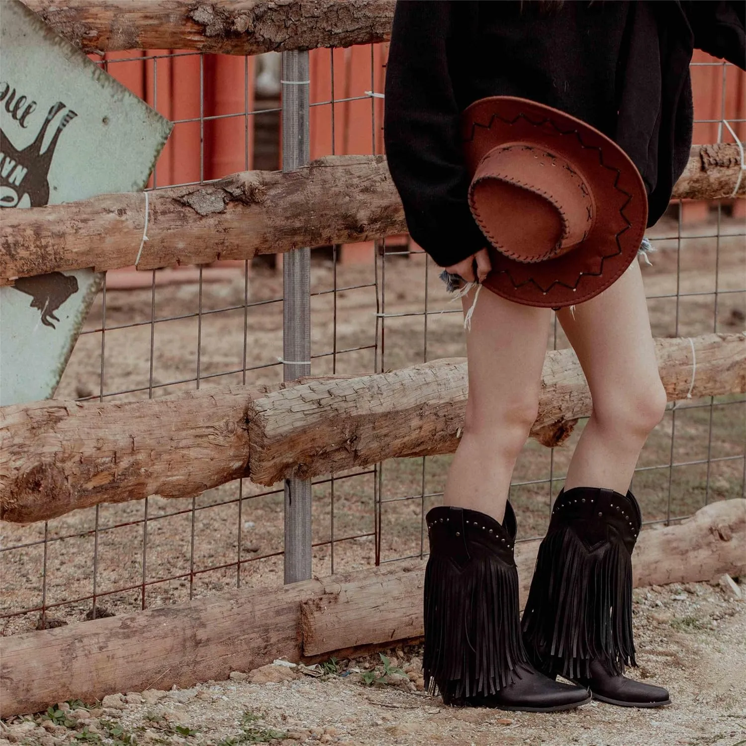 SheSole Women's Fringe Western Boots Wide Calf Riding Cowgirl Cowboy boots Black