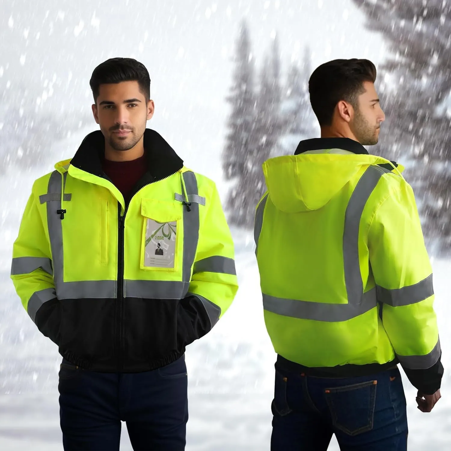 TCCFCCT Men's Waterproof Hi Vis Class 3 Reflective Safety Winter Bomber Jacket with Black Bottom, J-Yellow 3XL
