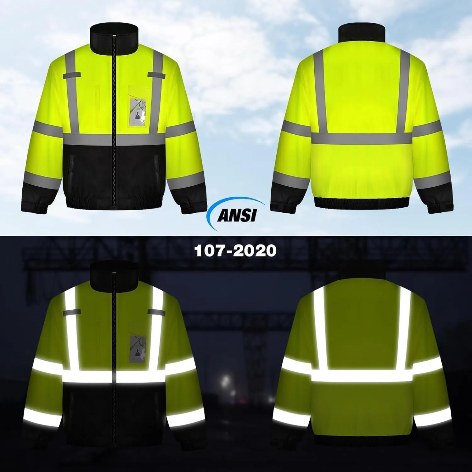 TCCFCCT Men's Waterproof Hi Vis Class 3 Reflective Safety Winter Bomber Jacket with Black Bottom, J-Yellow 3XL