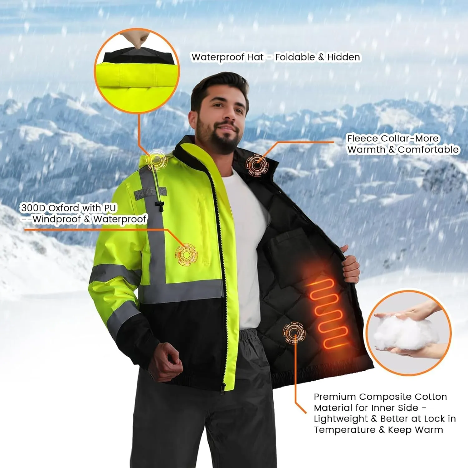 TCCFCCT Men's Waterproof Hi Vis Class 3 Reflective Safety Winter Bomber Jacket with Black Bottom, J-Yellow 3XL