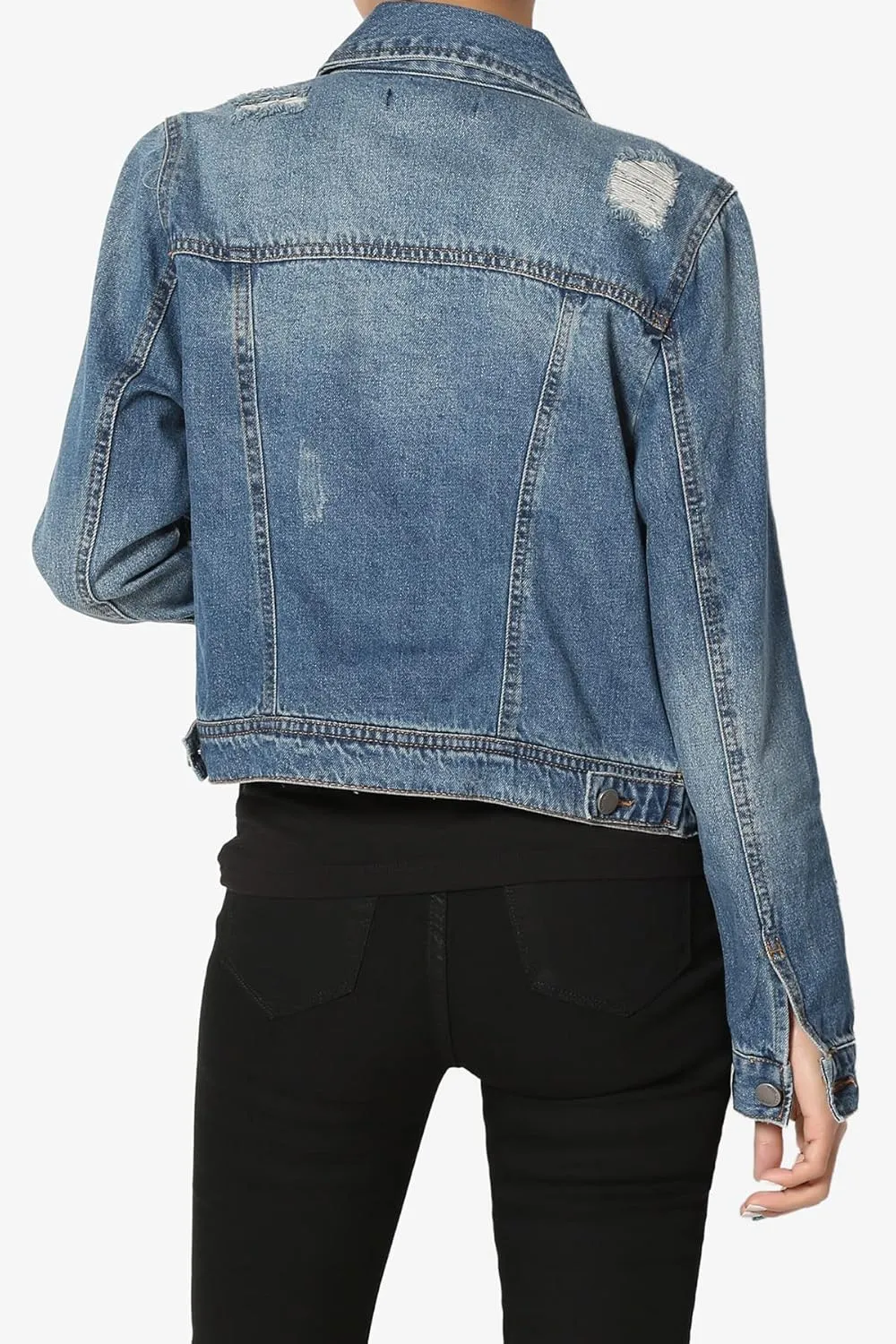 TheMogan S~3X Vintage Distressed Dark Washed Slim Fit Cropped Denim Jacket