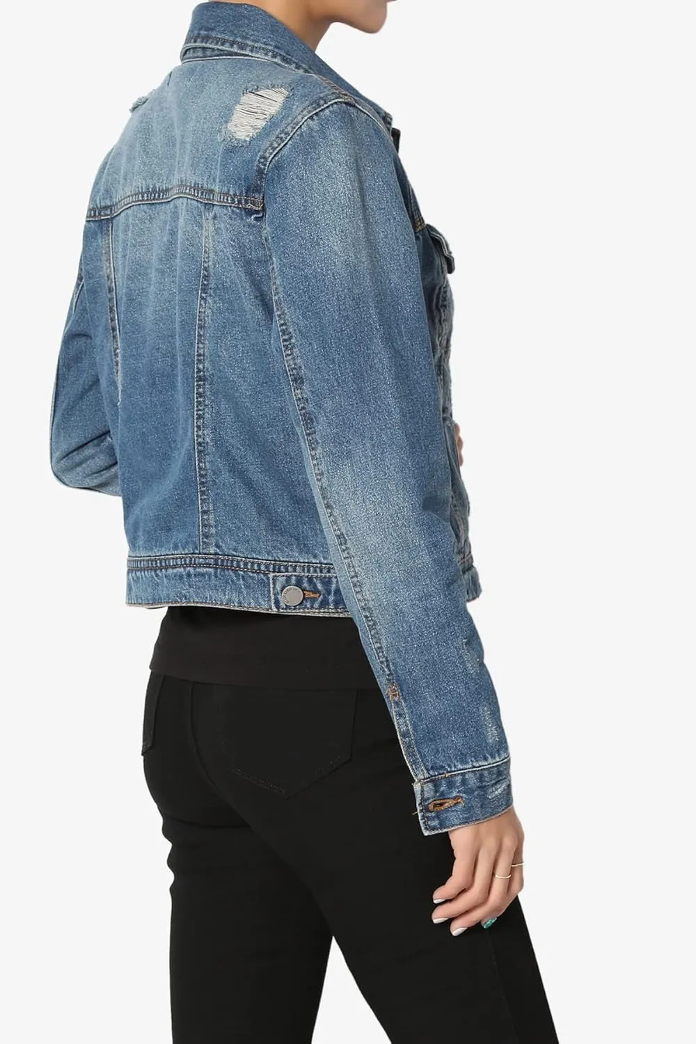 TheMogan S~3X Vintage Distressed Dark Washed Slim Fit Cropped Denim Jacket