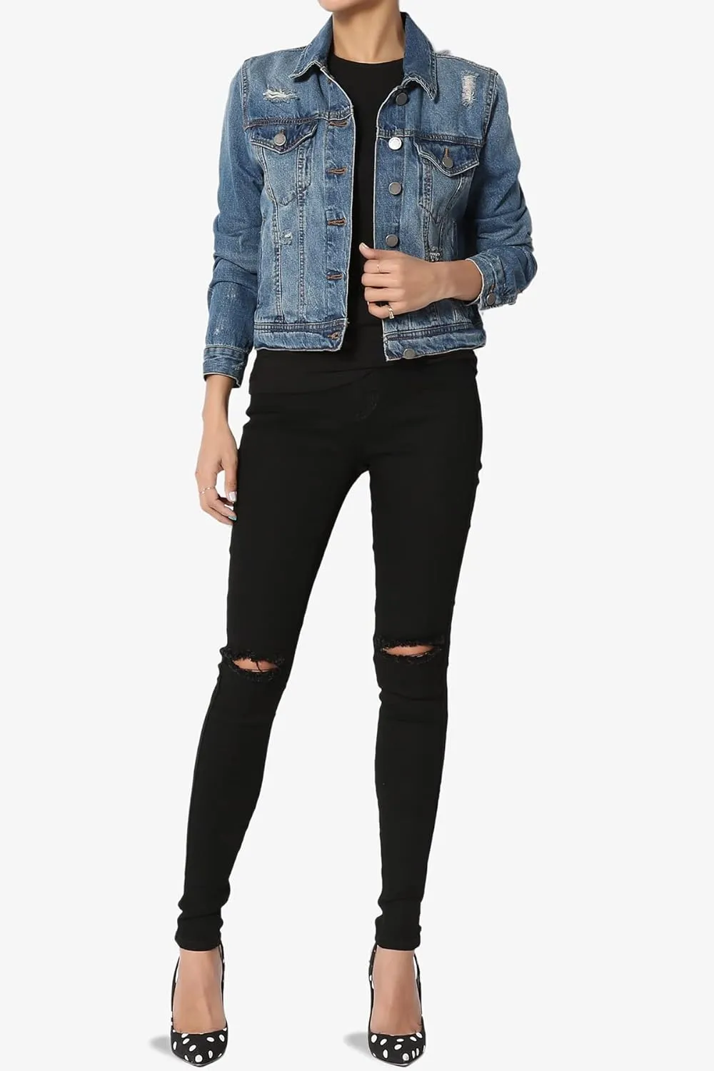 TheMogan S~3X Vintage Distressed Dark Washed Slim Fit Cropped Denim Jacket