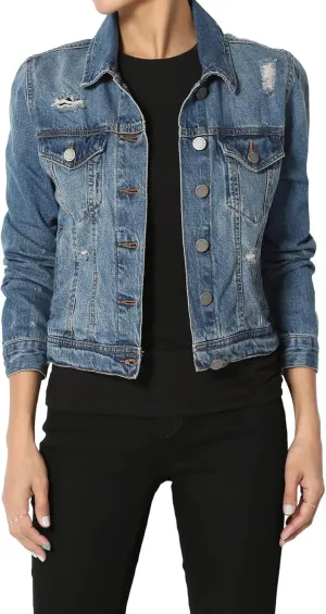 TheMogan S~3X Vintage Distressed Dark Washed Slim Fit Cropped Denim Jacket