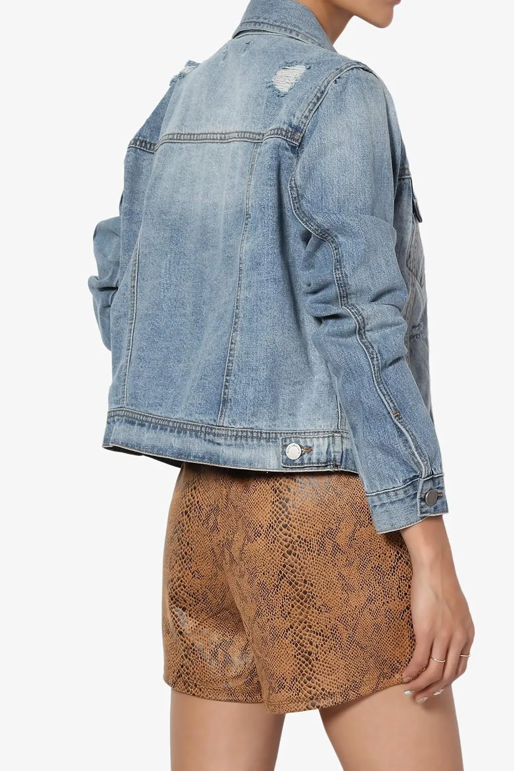 TheMogan S~3X Vintage Distressed Dark Washed Slim Fit Cropped Denim Jacket