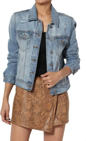 TheMogan S~3X Vintage Distressed Dark Washed Slim Fit Cropped Denim Jacket