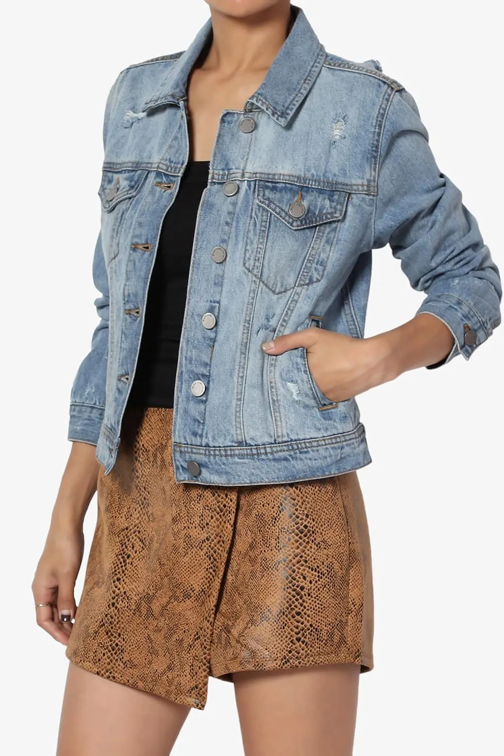 TheMogan S~3X Vintage Distressed Dark Washed Slim Fit Cropped Denim Jacket