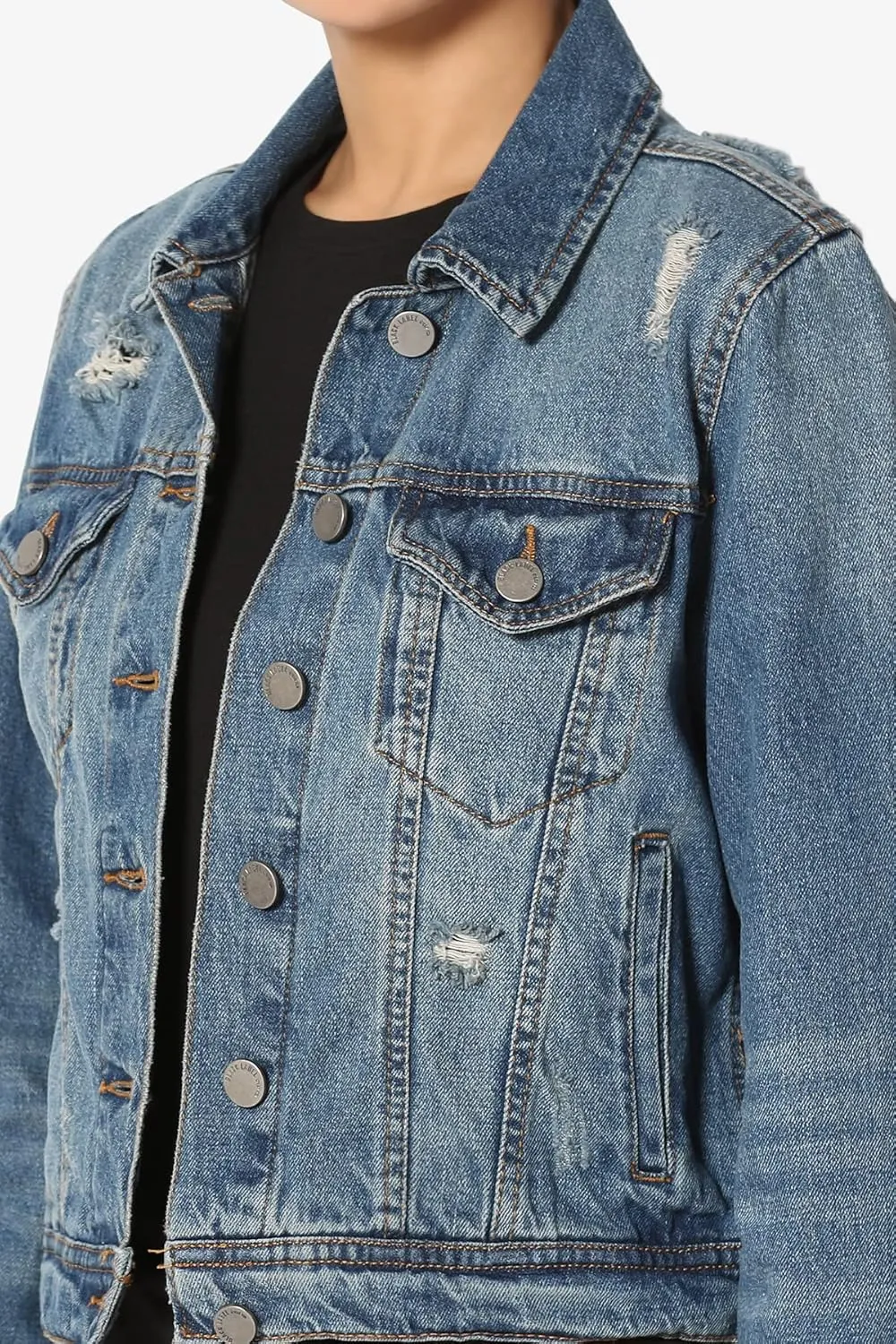 TheMogan S~3X Vintage Distressed Dark Washed Slim Fit Cropped Denim Jacket