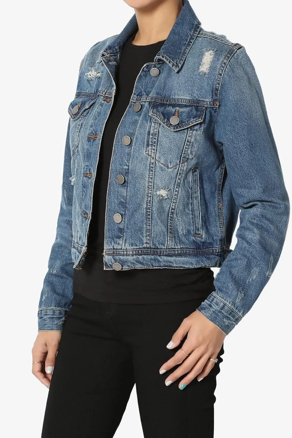 TheMogan S~3X Vintage Distressed Dark Washed Slim Fit Cropped Denim Jacket