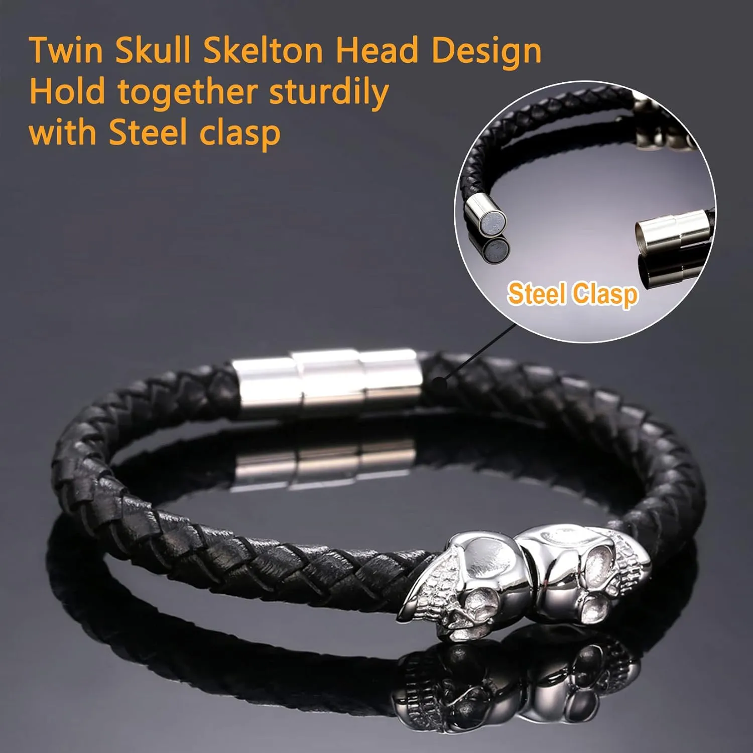 U7 Mens Leather Bracelet with Stainless Steel Clasp, Leather Cuff Bracelet in Skull or Wrap Style Black Bracelets for Husband