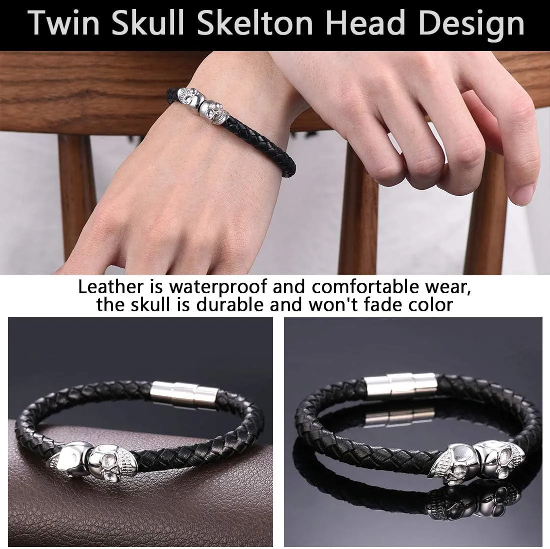 U7 Mens Leather Bracelet with Stainless Steel Clasp, Leather Cuff Bracelet in Skull or Wrap Style Black Bracelets for Husband