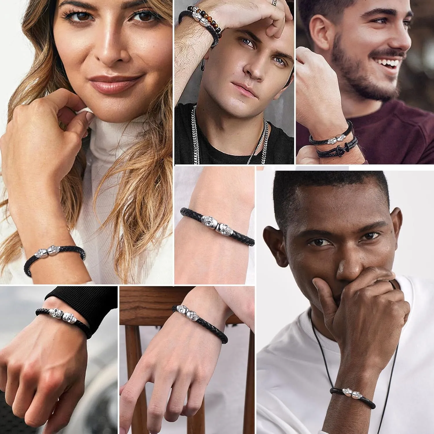 U7 Mens Leather Bracelet with Stainless Steel Clasp, Leather Cuff Bracelet in Skull or Wrap Style Black Bracelets for Husband