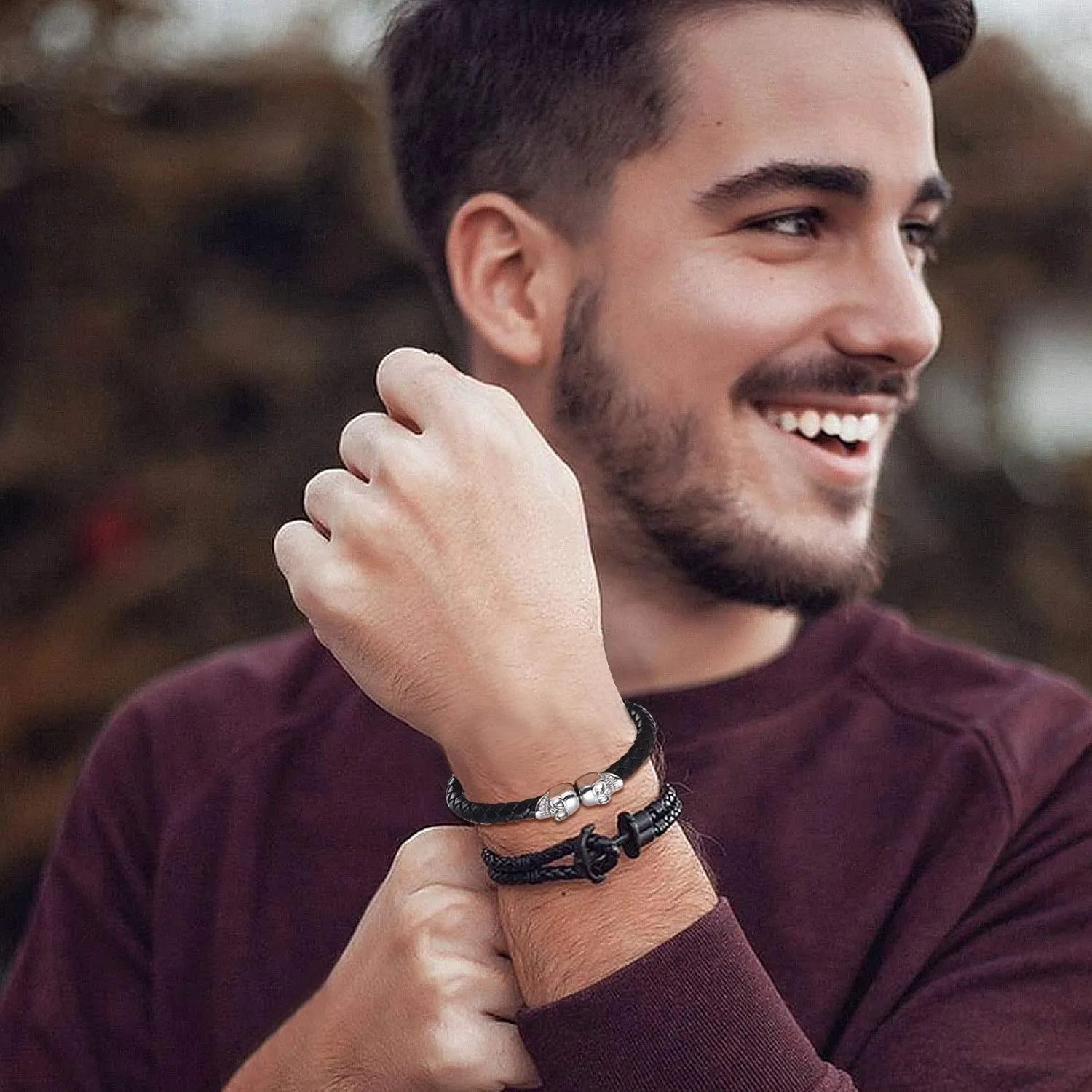 U7 Mens Leather Bracelet with Stainless Steel Clasp, Leather Cuff Bracelet in Skull or Wrap Style Black Bracelets for Husband