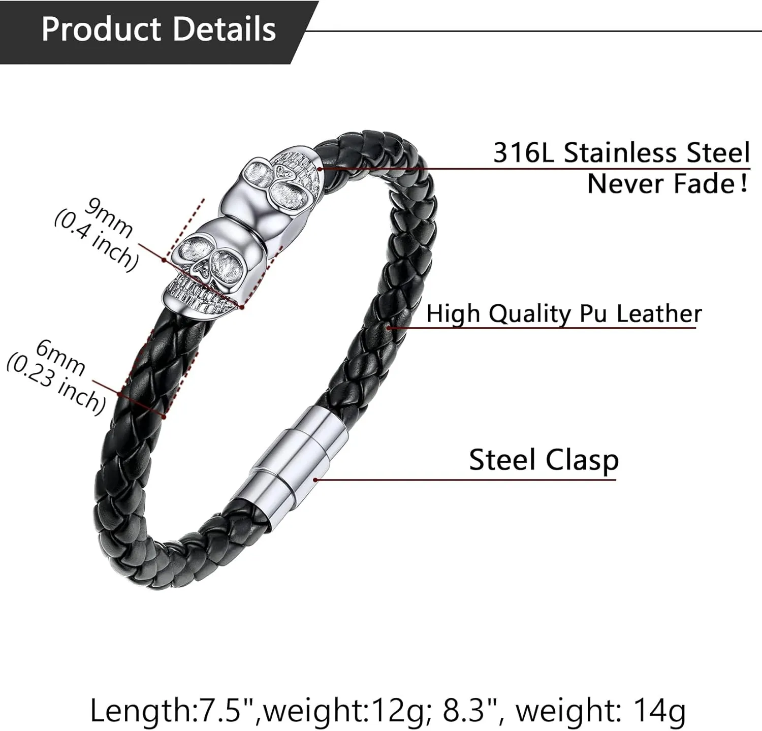 U7 Mens Leather Bracelet with Stainless Steel Clasp, Leather Cuff Bracelet in Skull or Wrap Style Black Bracelets for Husband