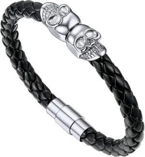 U7 Mens Leather Bracelet with Stainless Steel Clasp, Leather Cuff Bracelet in Skull or Wrap Style Black Bracelets for Husband