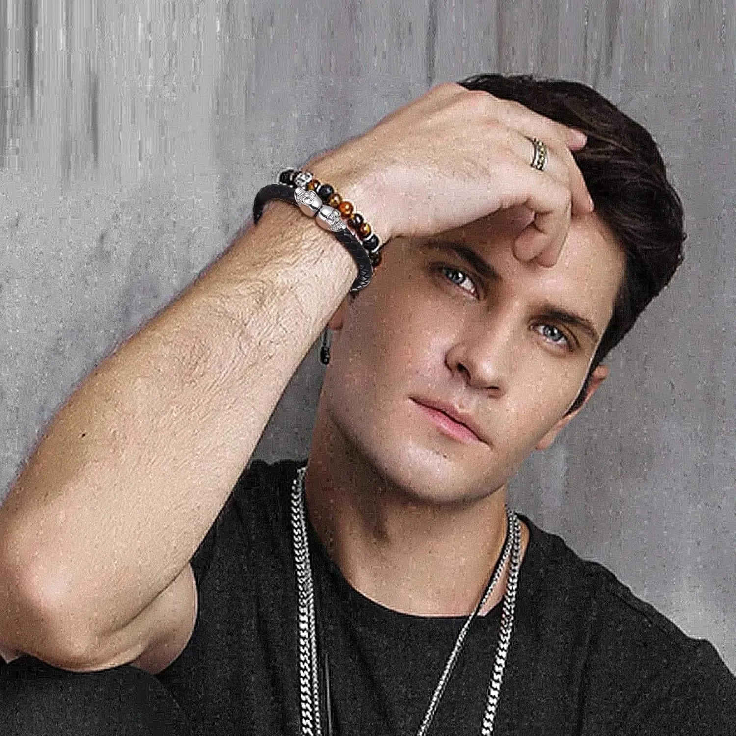 U7 Mens Leather Bracelet with Stainless Steel Clasp, Leather Cuff Bracelet in Skull or Wrap Style Black Bracelets for Husband