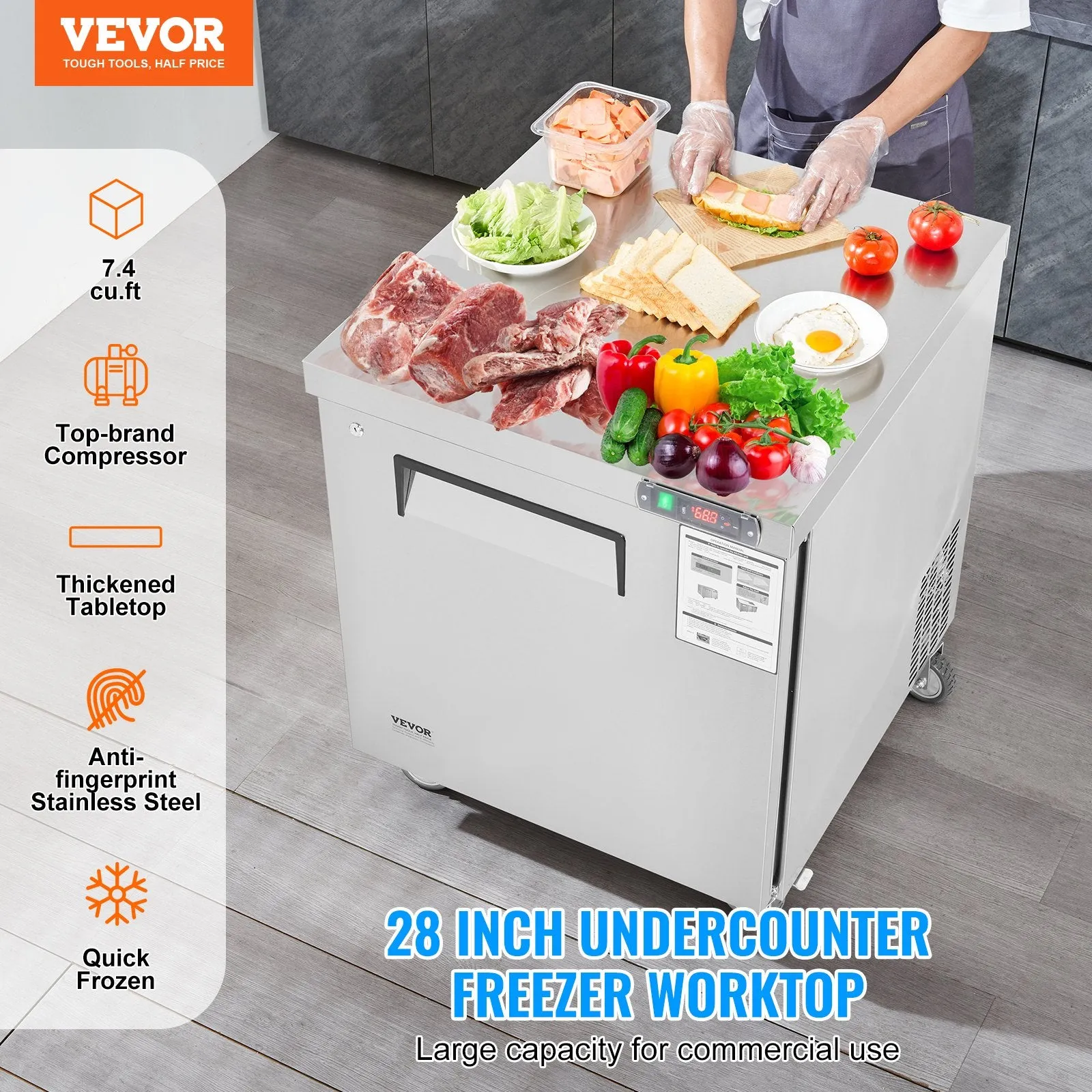 Vevor Freezer Prep Table 7.4 Cu. Ft. Commercial 1-Door 160W 28" Stainless Steel New