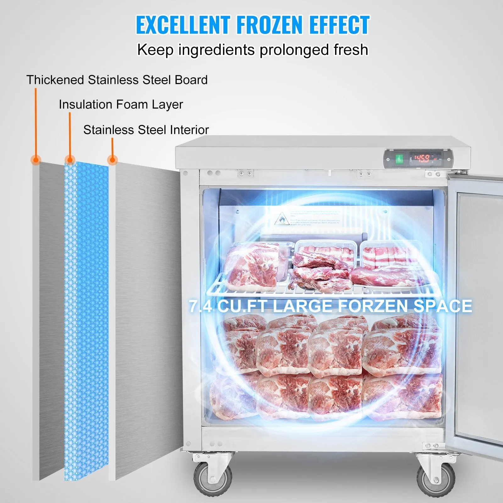 Vevor Freezer Prep Table 7.4 Cu. Ft. Commercial 1-Door 160W 28" Stainless Steel New