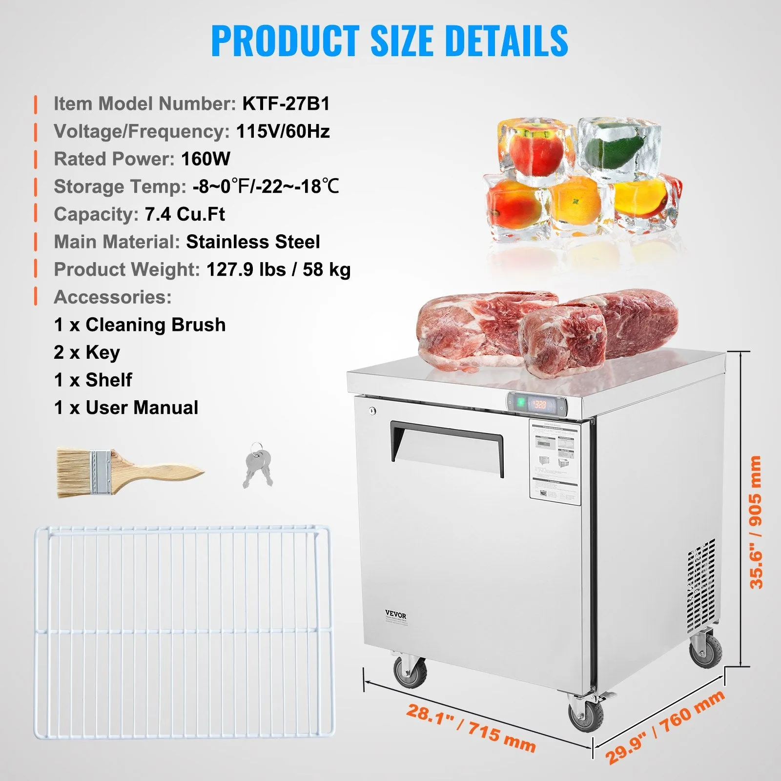 Vevor Freezer Prep Table 7.4 Cu. Ft. Commercial 1-Door 160W 28" Stainless Steel New