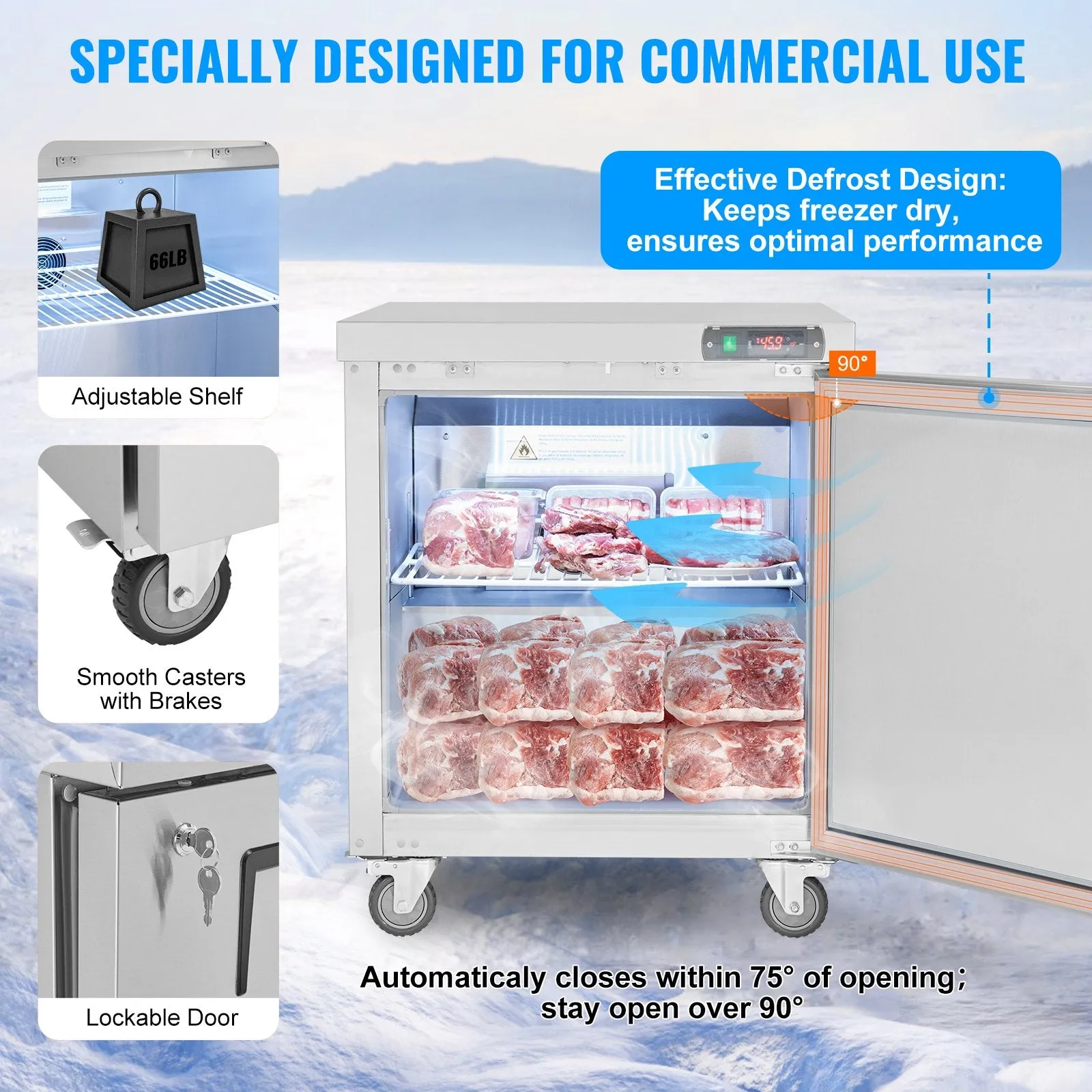 Vevor Freezer Prep Table 7.4 Cu. Ft. Commercial 1-Door 160W 28" Stainless Steel New