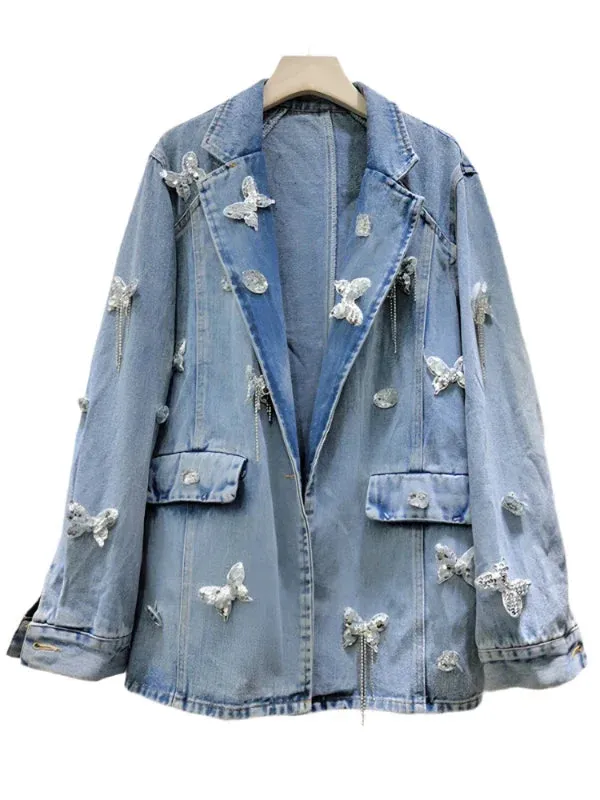 Wenkouban-Winter outfits Christmas Black Friday Notched Collar Rhinestone Butterfly Oversized Denim Jacket