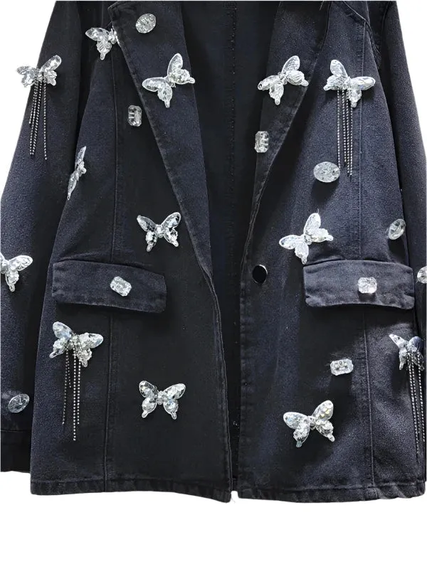Wenkouban-Winter outfits Christmas Black Friday Notched Collar Rhinestone Butterfly Oversized Denim Jacket