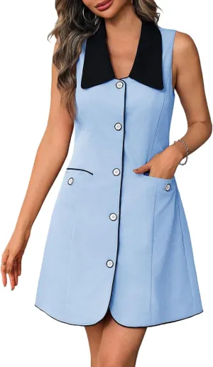 Wenrine Womens Button Down Work Dress Casual Self Tie Lapel Neck Sleeveless Business Blazer Mini Dresses