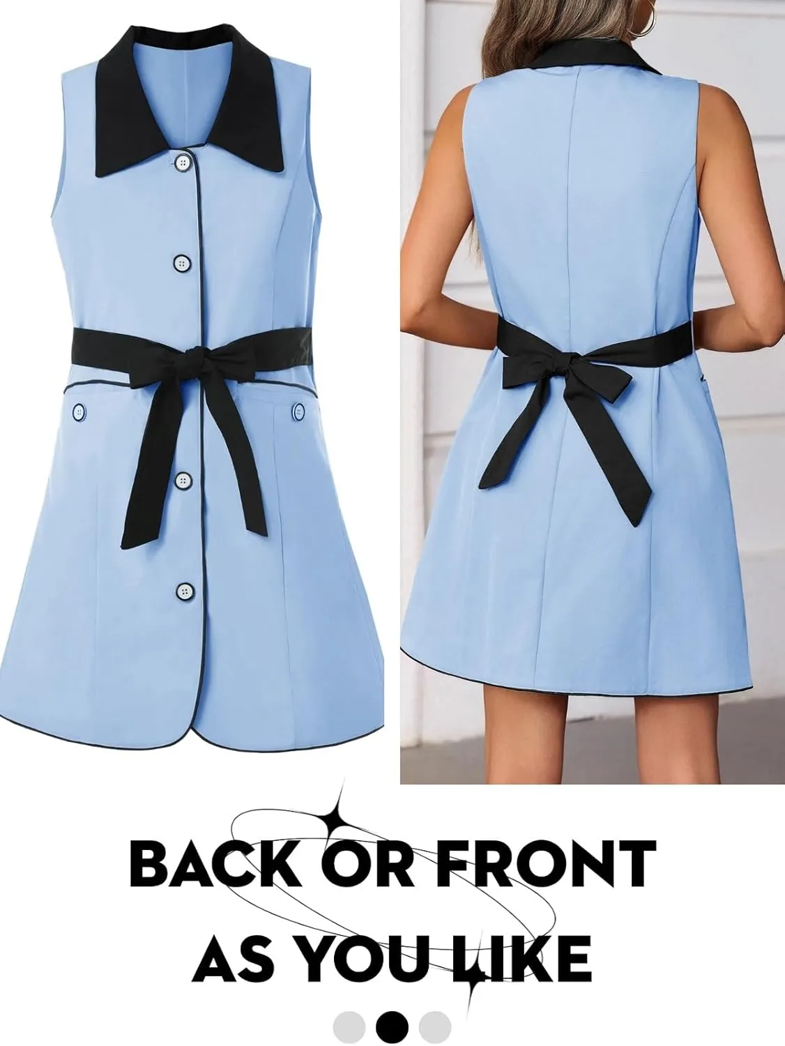 Wenrine Womens Button Down Work Dress Casual Self Tie Lapel Neck Sleeveless Business Blazer Mini Dresses