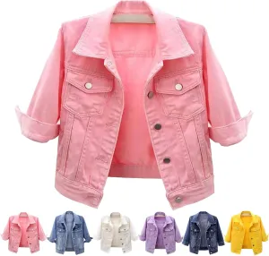 Women's 3/4 Sleeve Colored Cropped Denim Jacket,Womens Cropped Denim Jacket,Light Wash Short Jean Jacket Trucker Coat
